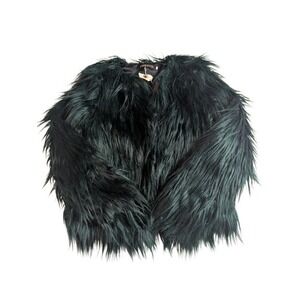 LANSHIFEI Dark Green Faux Fur Shaggy Jacket Coat Size Small Open Front Glam Boho